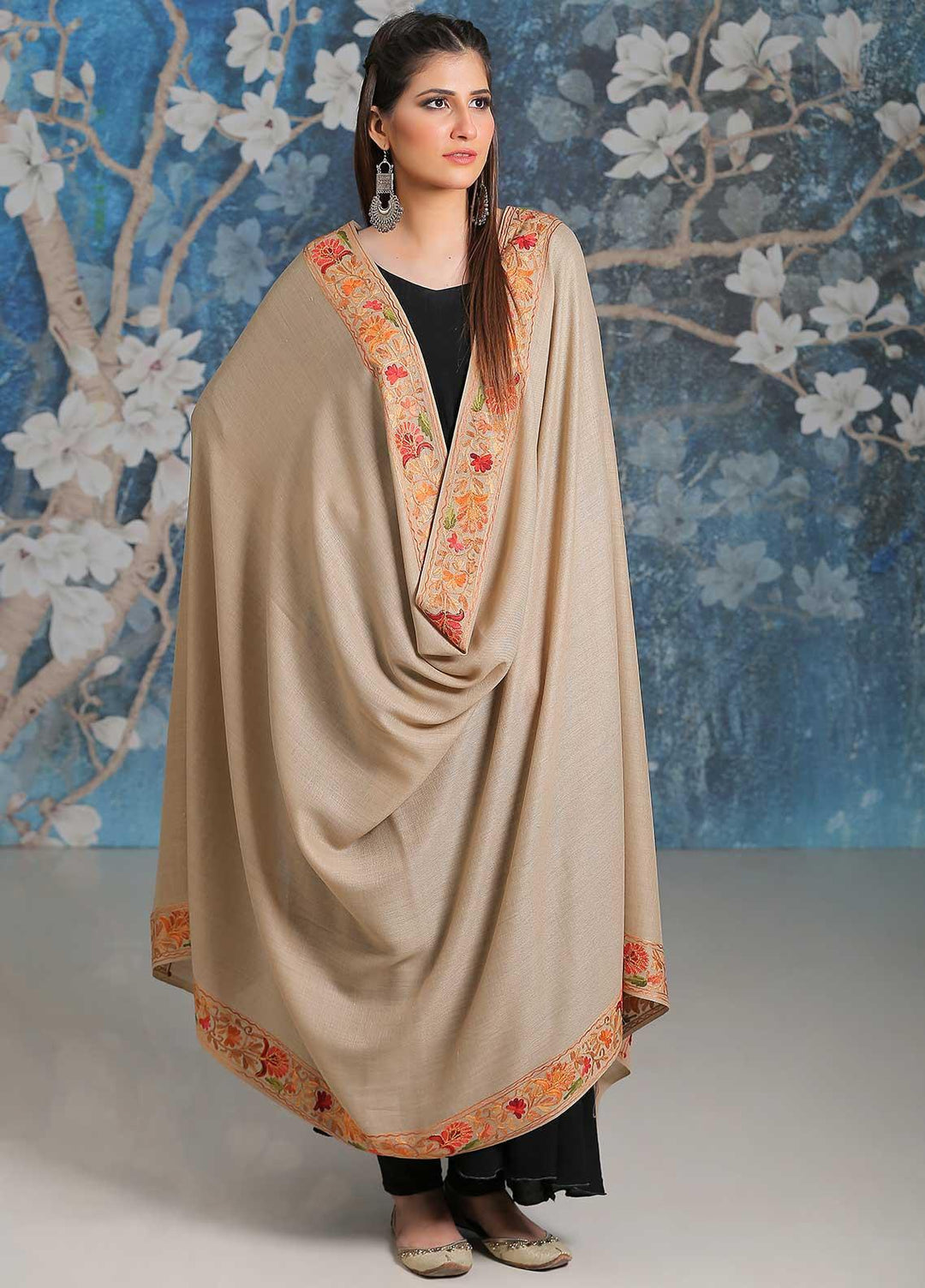 Sanaulla Exclusive Range Embroidered Pashmina  Shawl MIR-34 Fawn 4 - Pashmina Shawls
