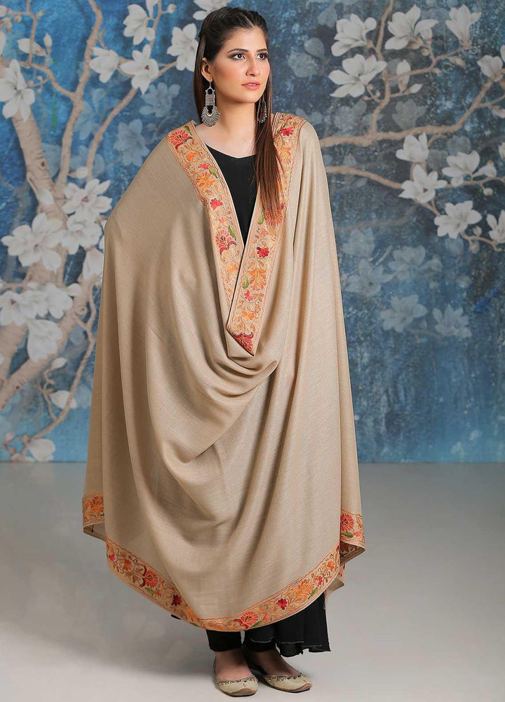 Sanaulla Exclusive Range Embroidered Pashmina  Shawl MIR-34 Fawn 4 - Pashmina Shawls