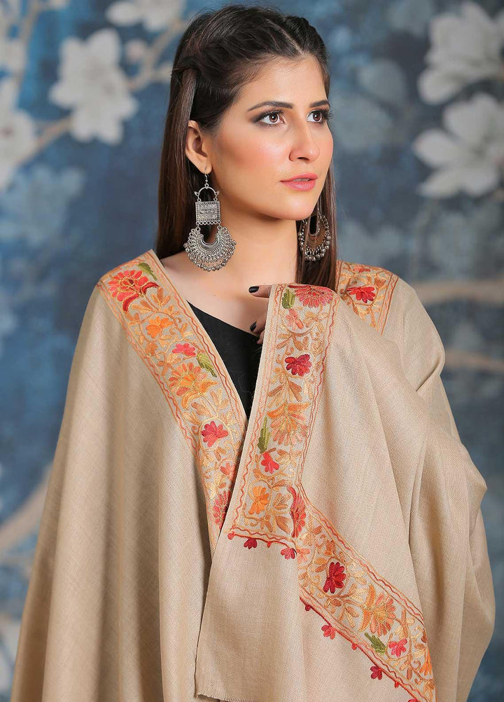 Sanaulla Exclusive Range Embroidered Pashmina  Shawl MIR-34 Fawn 4 - Pashmina Shawls