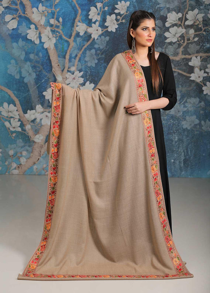 Sanaulla Exclusive Range Embroidered Pashmina  Shawl MIR-34 Fawn 5 - Pashmina Shawls