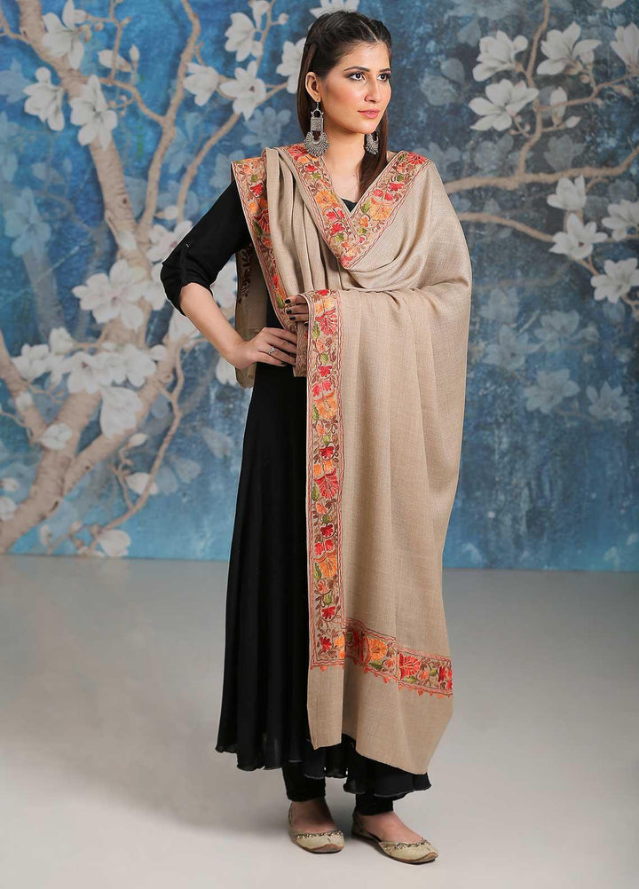 Sanaulla Exclusive Range Embroidered Pashmina  Shawl MIR-34 Fawn 5 - Pashmina Shawls