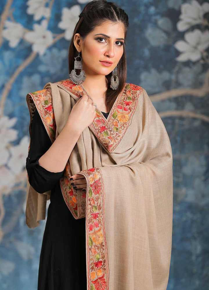 Sanaulla Exclusive Range Embroidered Pashmina  Shawl MIR-34 Fawn 5 - Pashmina Shawls