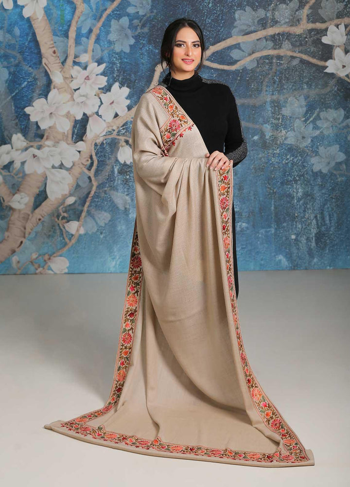 Sanaulla Exclusive Range Embroidered Pashmina  Shawl SU21PP MIR-34 Fawn 6 - Pure Pashmina Shawls