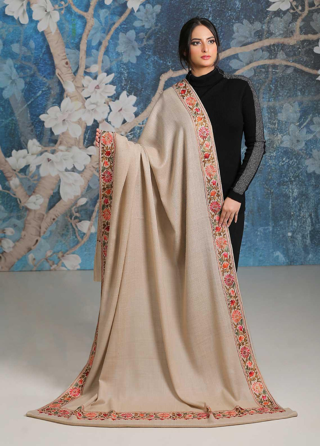 Sanaulla Exclusive Range Embroidered Pashmina  Shawl SU21PP MIR-34 Fawn 6 - Pure Pashmina Shawls