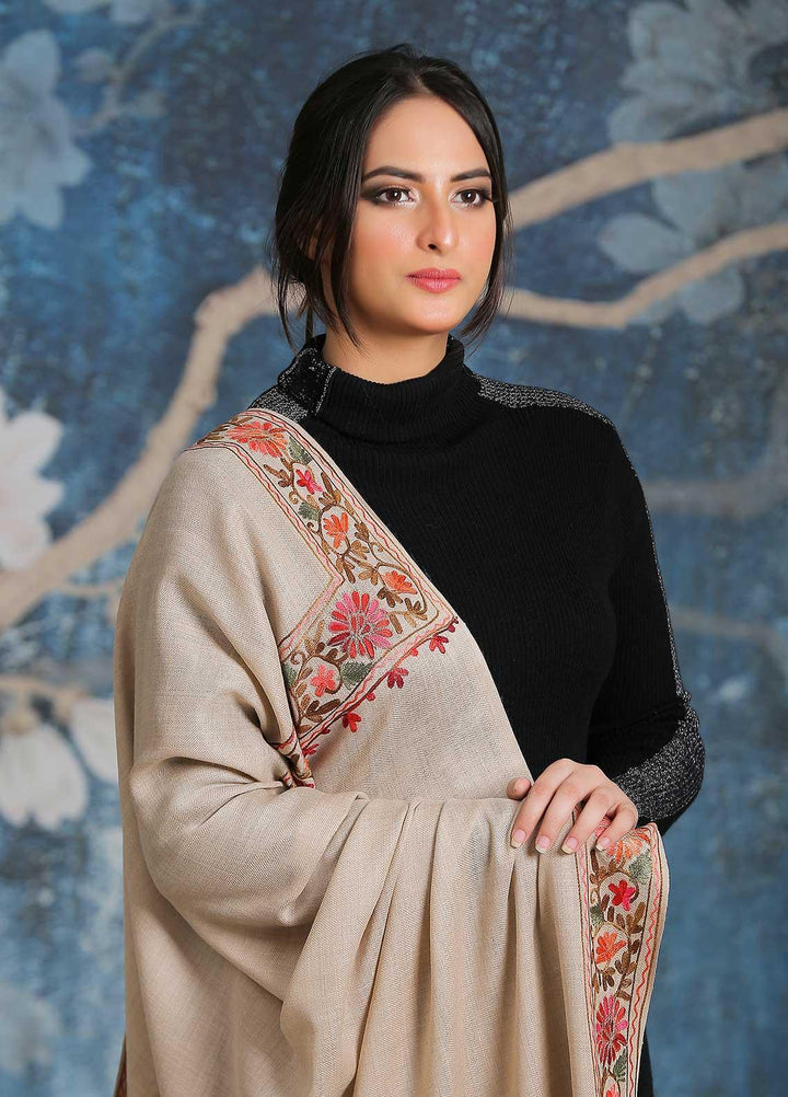 Sanaulla Exclusive Range Embroidered Pashmina  Shawl SU21PP MIR-34 Fawn 6 - Pure Pashmina Shawls