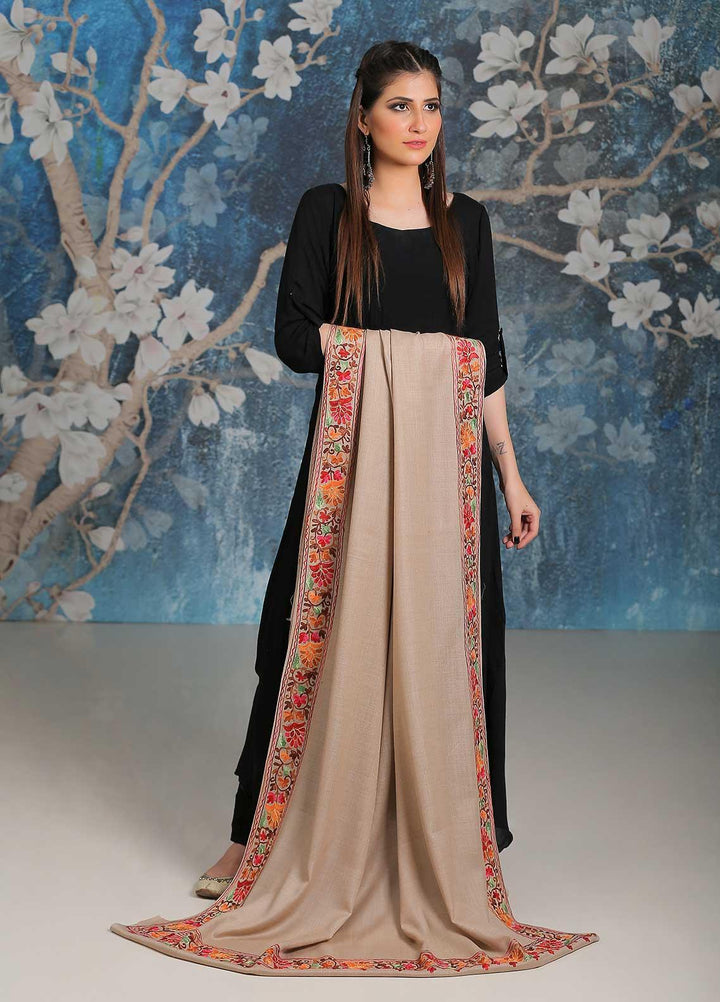 Sanaulla Exclusive Range Embroidered Pashmina  Shawl MIR-34 Fawn 8 - Pashmina Shawls