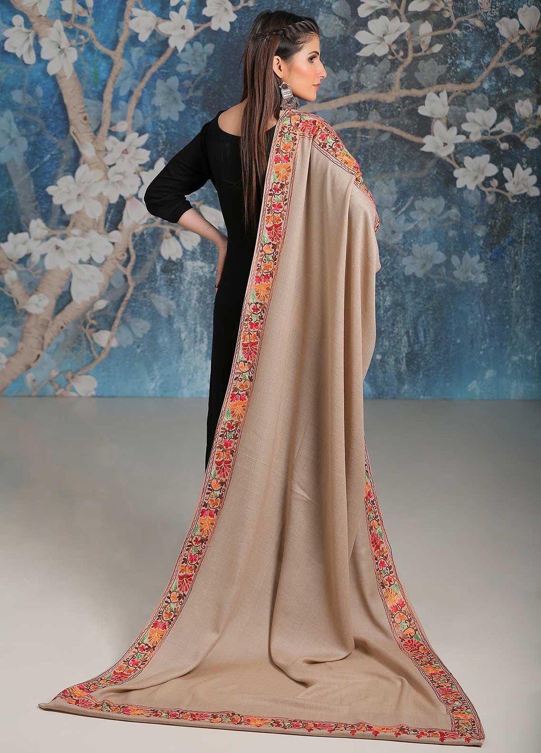 Sanaulla Exclusive Range Embroidered Pashmina  Shawl MIR-34 Fawn 8 - Pashmina Shawls