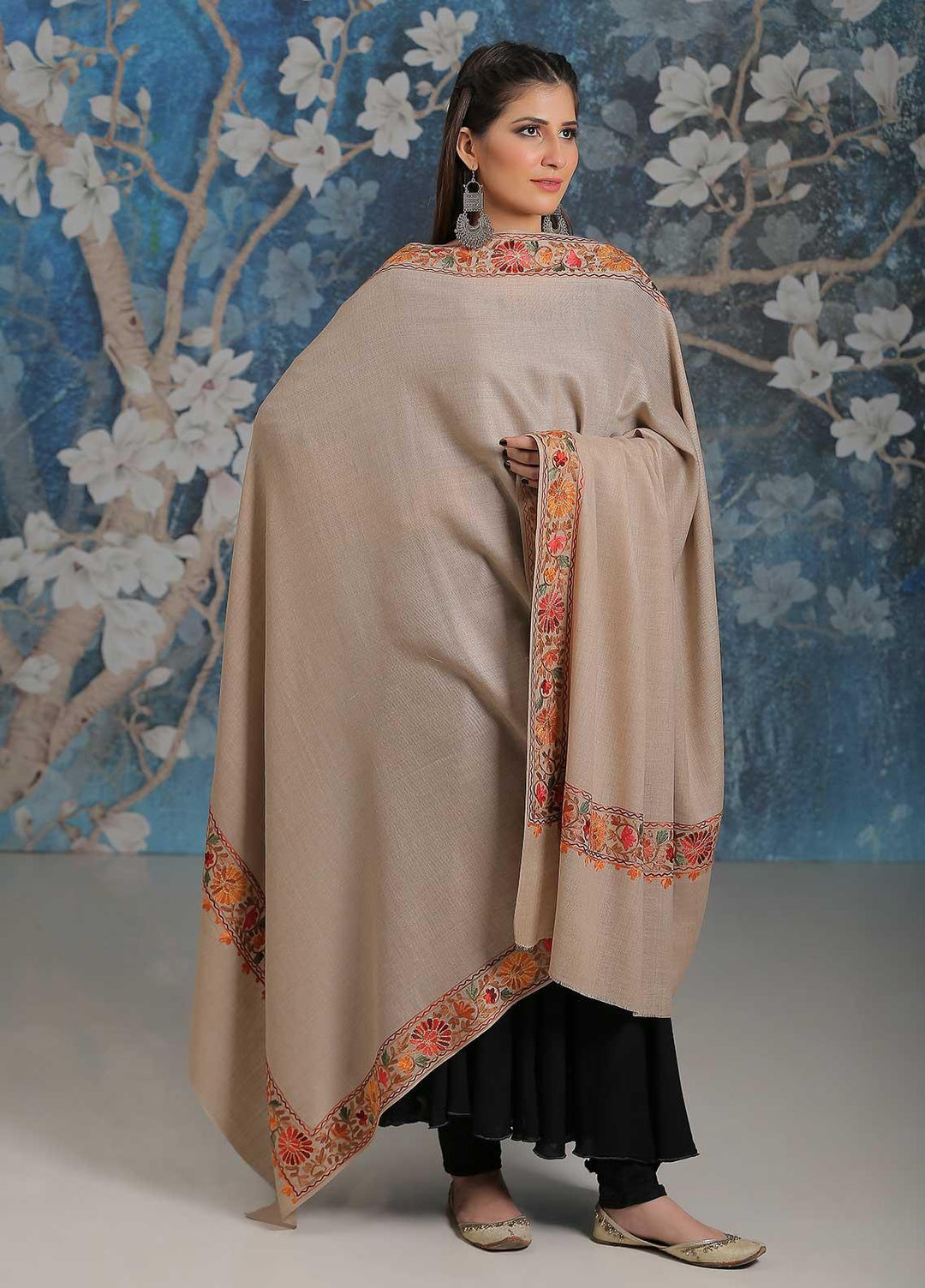 Sanaulla Exclusive Range Embroidered Pashmina  Shawl MIR-34 Fawn 9 - Pashmina Shawls