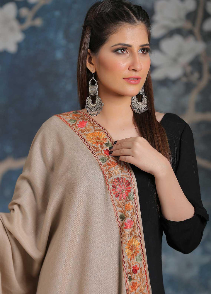 Sanaulla Exclusive Range Embroidered Pashmina  Shawl MIR-34 Fawn 9 - Pashmina Shawls