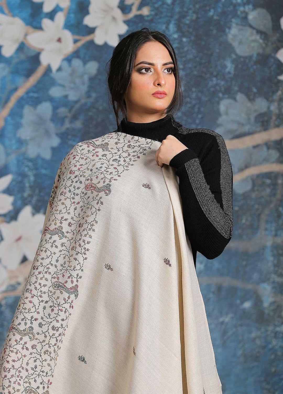 Sanaulla Exclusive Range Embroidered Pashmina  Shawl SU21PP MIR-35 Fawn 2 - Pure Pashmina Shawls