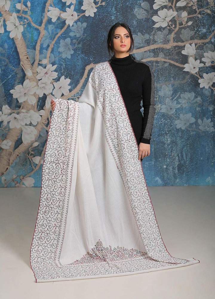 Sanaulla Exclusive Range Embroidered Pashmina  Shawl SU21PP MIR-35 White - Pure Pashmina Shawls