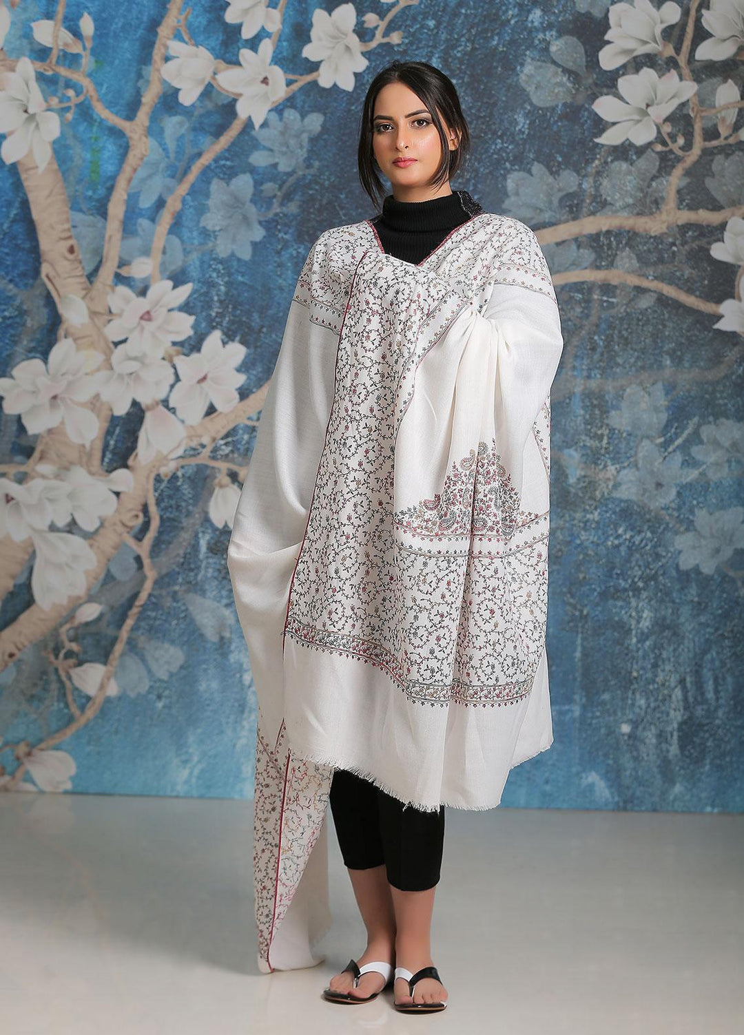 Sanaulla Exclusive Range Embroidered Pashmina  Shawl SU21PP MIR-35 White - Pure Pashmina Shawls