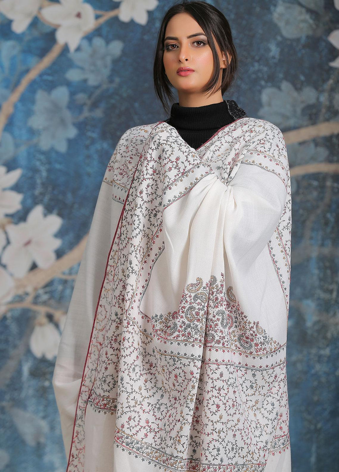Sanaulla Exclusive Range Embroidered Pashmina  Shawl SU21PP MIR-35 White - Pure Pashmina Shawls
