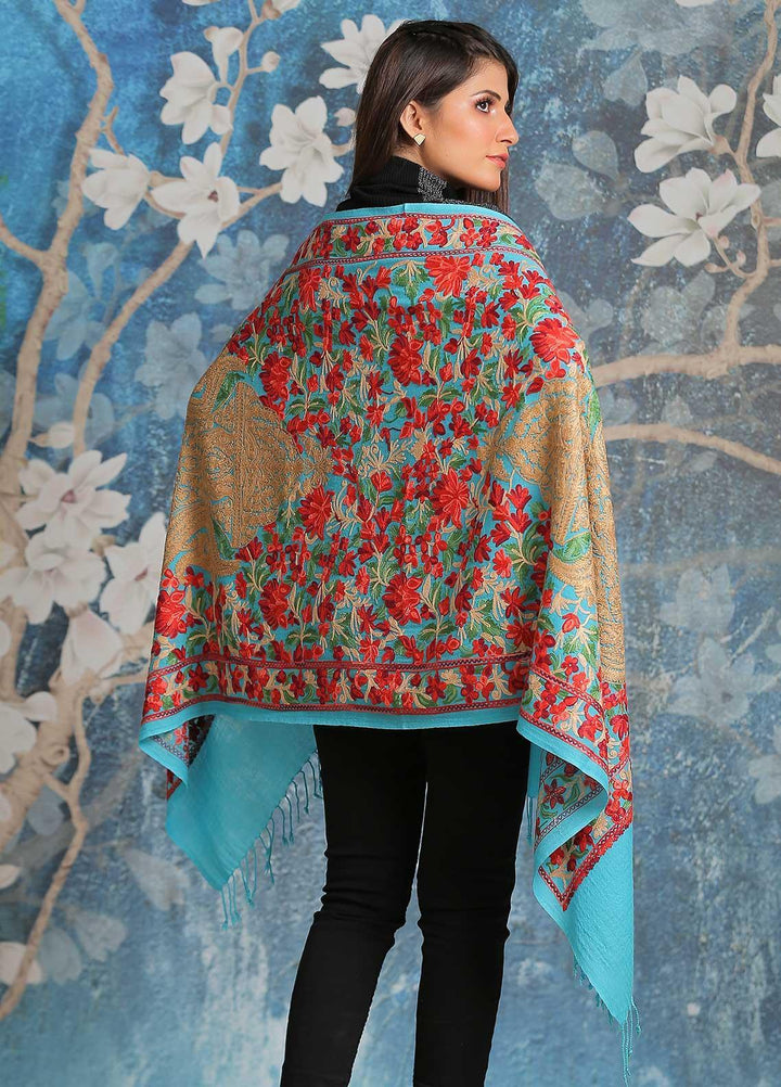 Sanaulla Exclusive Range Embroidered Pashmina  Shawl SU21PP MIR-36 Ferozi - Pure Pashmina Shawls