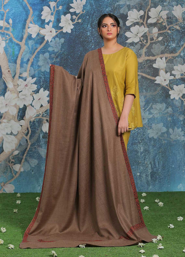 Sanaulla Exclusive Range Embroidered Pashmina  Shawl MIR-39 Brown - Pashmina Shawls