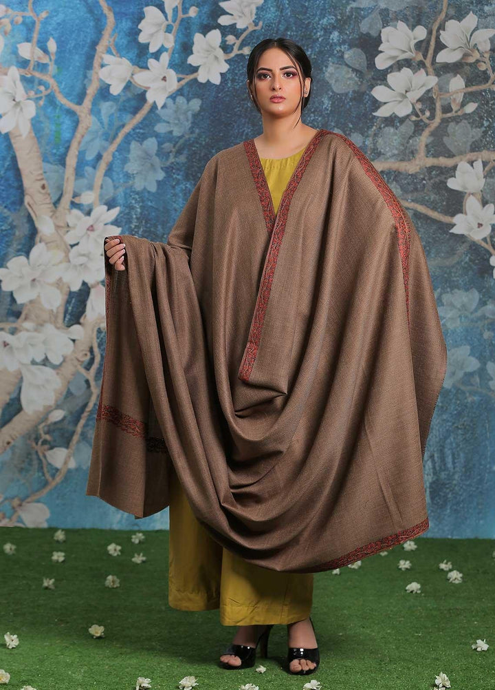 Sanaulla Exclusive Range Embroidered Pashmina  Shawl MIR-39 Brown - Pashmina Shawls