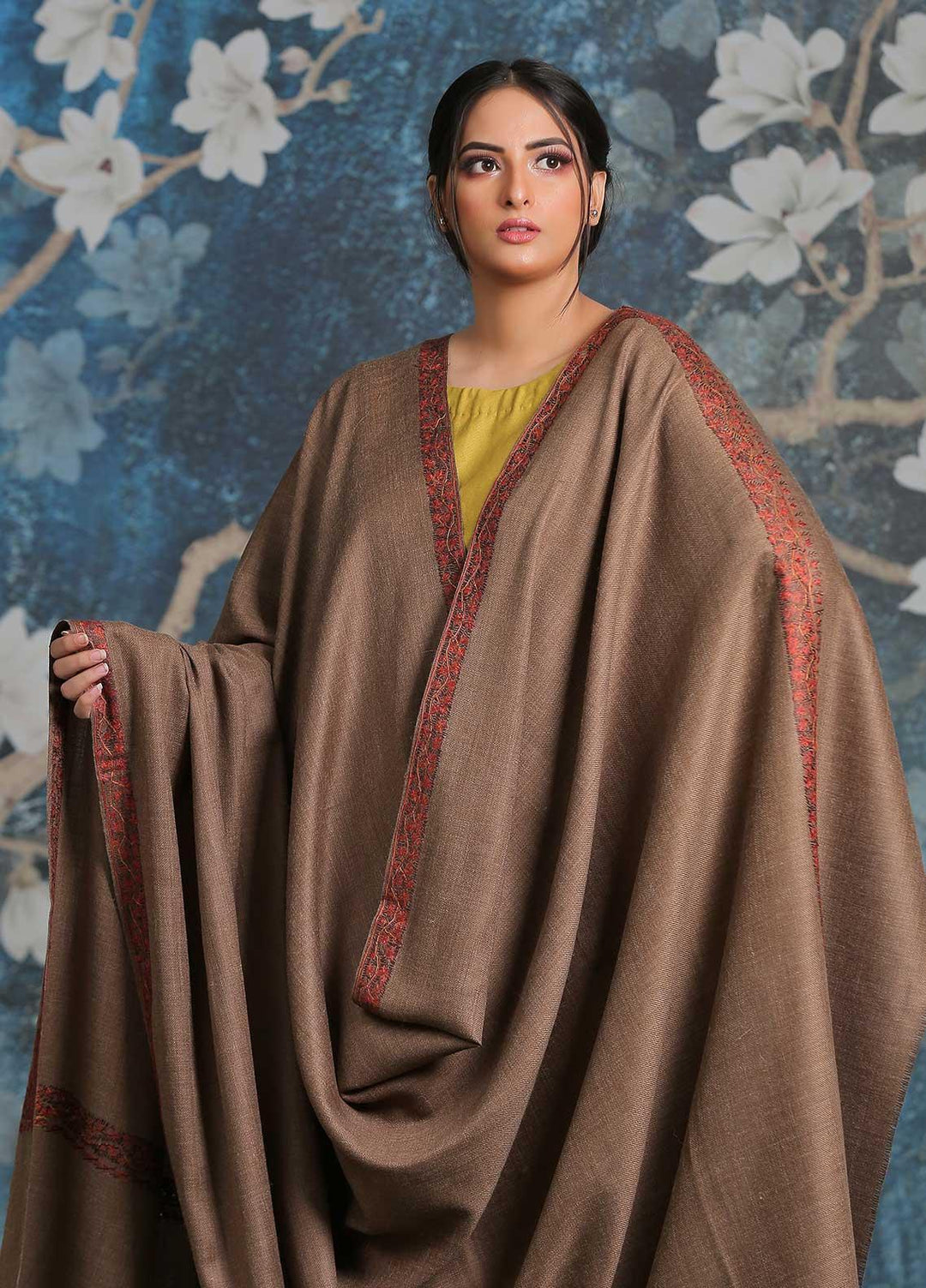 Sanaulla Exclusive Range Embroidered Pashmina  Shawl MIR-39 Brown - Pashmina Shawls
