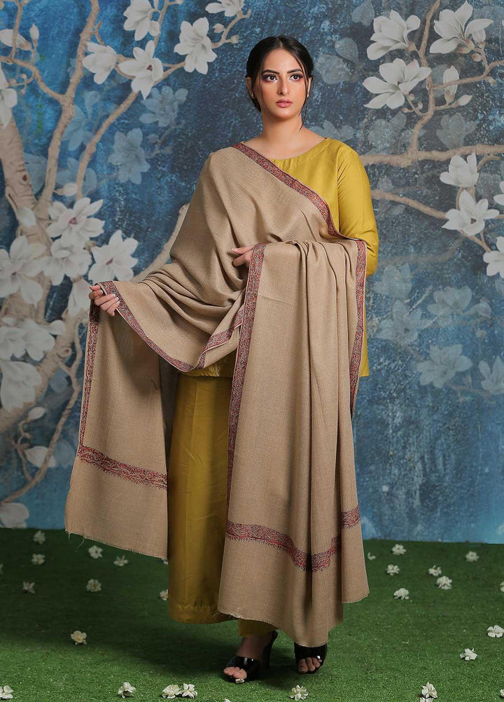 Sanaulla Exclusive Range Embroidered Pashmina  Shawl MIR-39 Fawn 2 - Pashmina Shawls