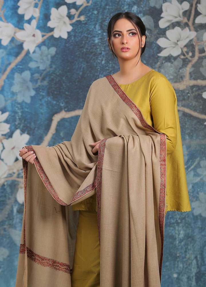 Sanaulla Exclusive Range Embroidered Pashmina  Shawl MIR-39 Fawn 2 - Pashmina Shawls