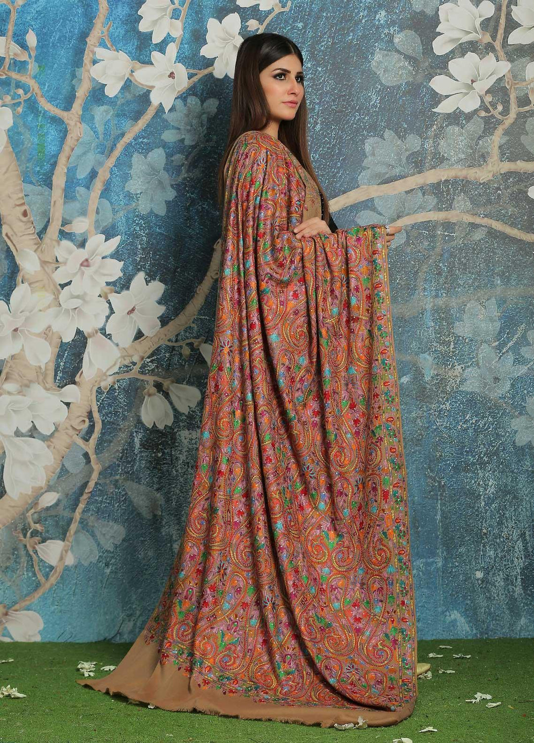Sanaulla Exclusive Range Embroidered Pashmina  Shawl MIR-44 Brown5 - Pashmina Shawls