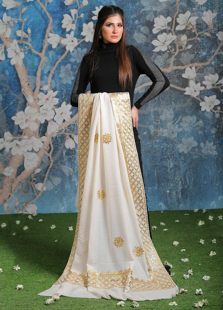 Sanaulla Exclusive Range Embroidered Pashmina Shawl SU21PP MIR-616-White Pure Pashmina Shawls