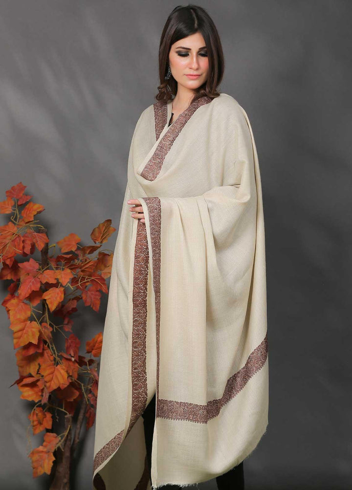 Sanaulla Exclusive Range Pashmina Shawl SU21PP AKP-06 Off White Pure Pashmina Shawls