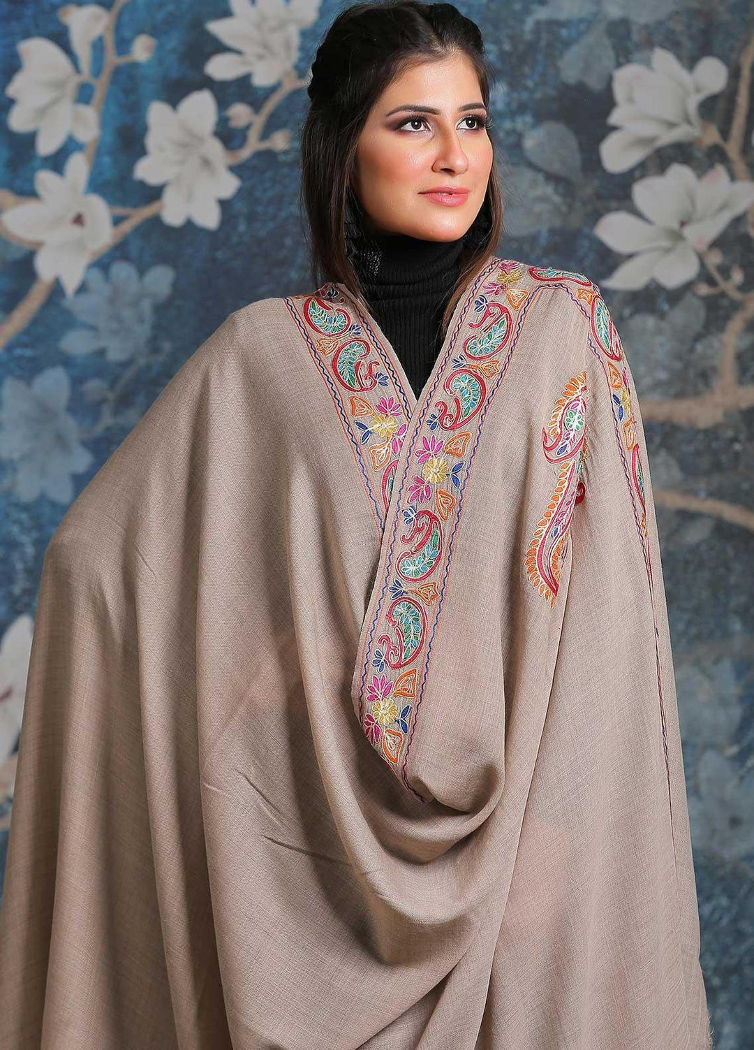 Sanaulla Exclusive Range Embroidered Pashmina Shawl SU21PP MIR-279 Brown Pure Pashmina Shawls