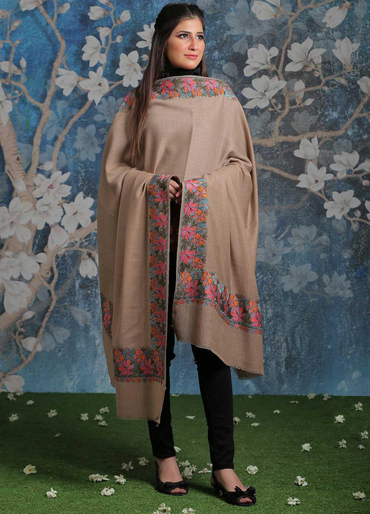 Sanaulla Exclusive Range Embroidered Pashmina Shawl SU21PP MIR-210 Brown2 Pure Pashmina Shawls