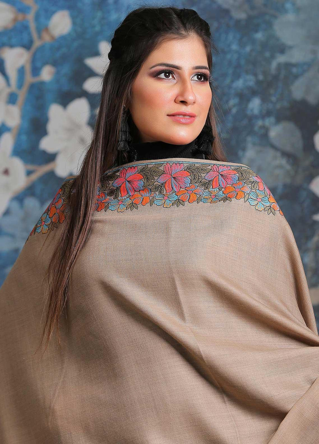 Sanaulla Exclusive Range Embroidered Pashmina Shawl SU21PP MIR-210 Brown2 Pure Pashmina Shawls