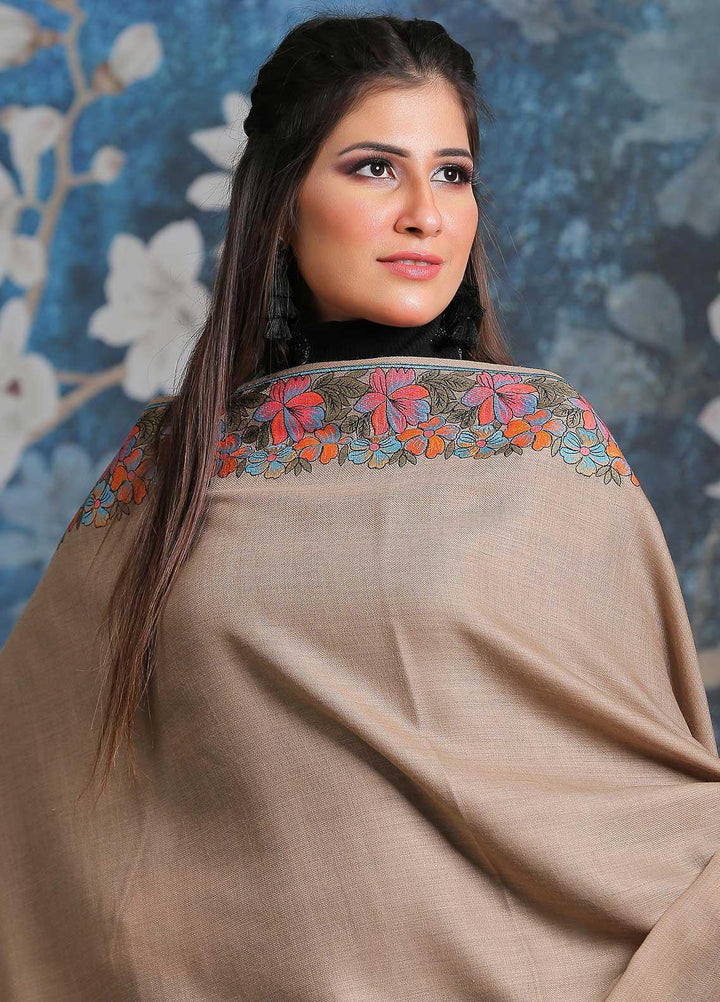 Sanaulla Exclusive Range Embroidered Pashmina Shawl SU21PP MIR-210 Brown2 Pure Pashmina Shawls