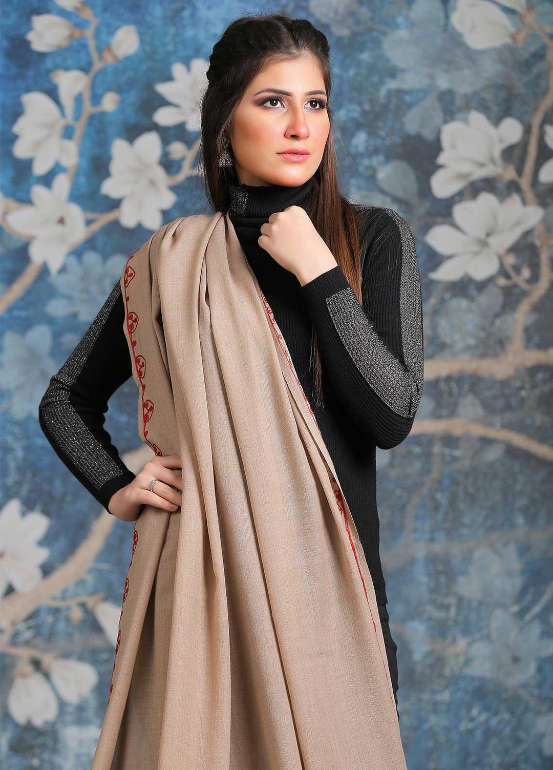 Sanaulla Exclusive Range Embroidered Pashmina Shawl SU21PP MIR-361 Fawn2 Pure Pashmina Shawls