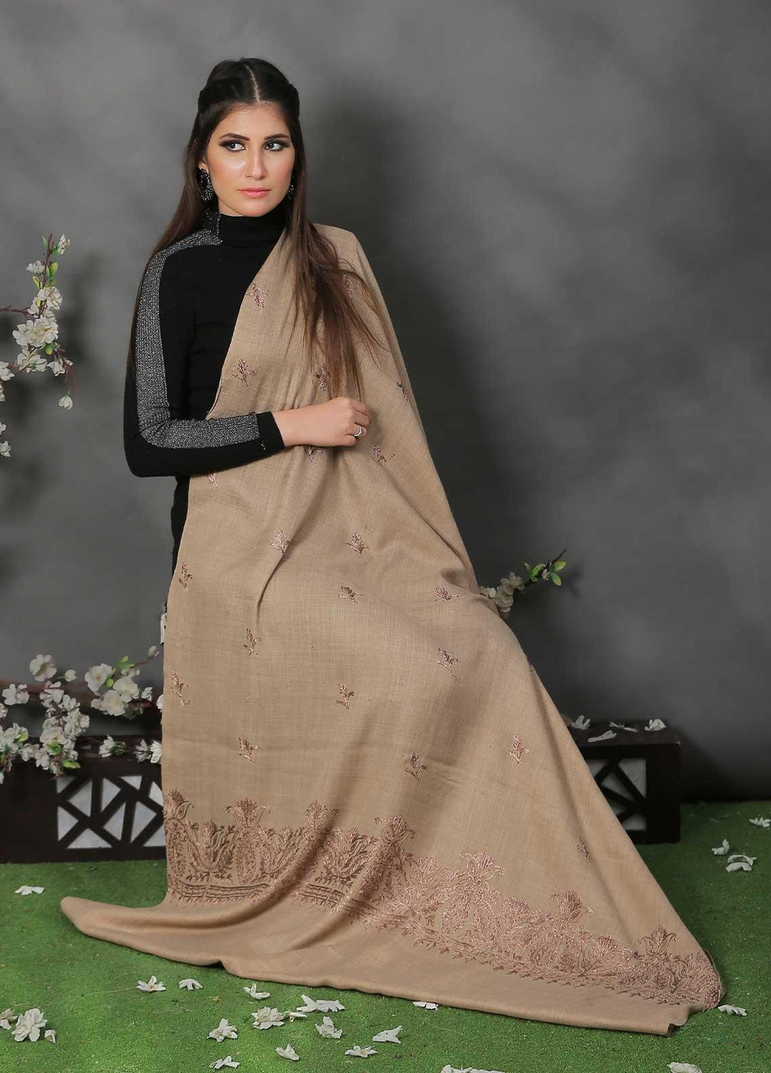 Sanaulla Exclusive Range Pashmina Shawl SU21PP AKP-38 Brown-5 Pure Pashmina Shawls