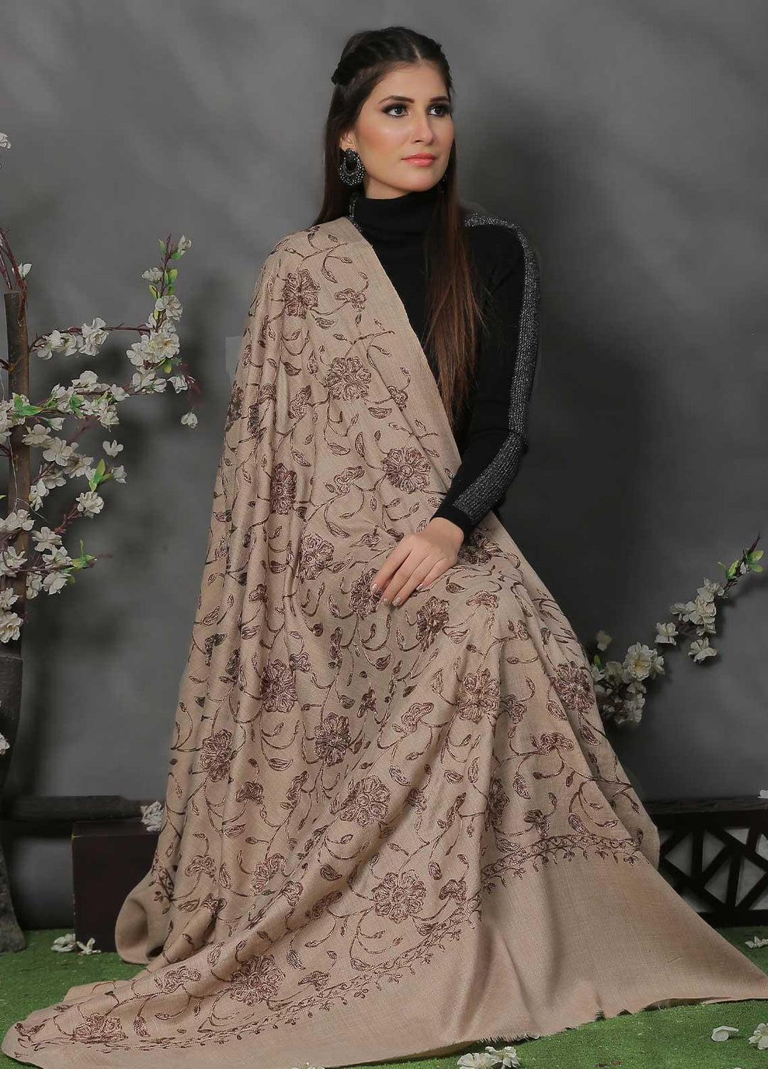 Sanaulla Exclusive Range Pashmina Shawl SU21PP AKP-10 Brown-5 Pure Pashmina Shawls