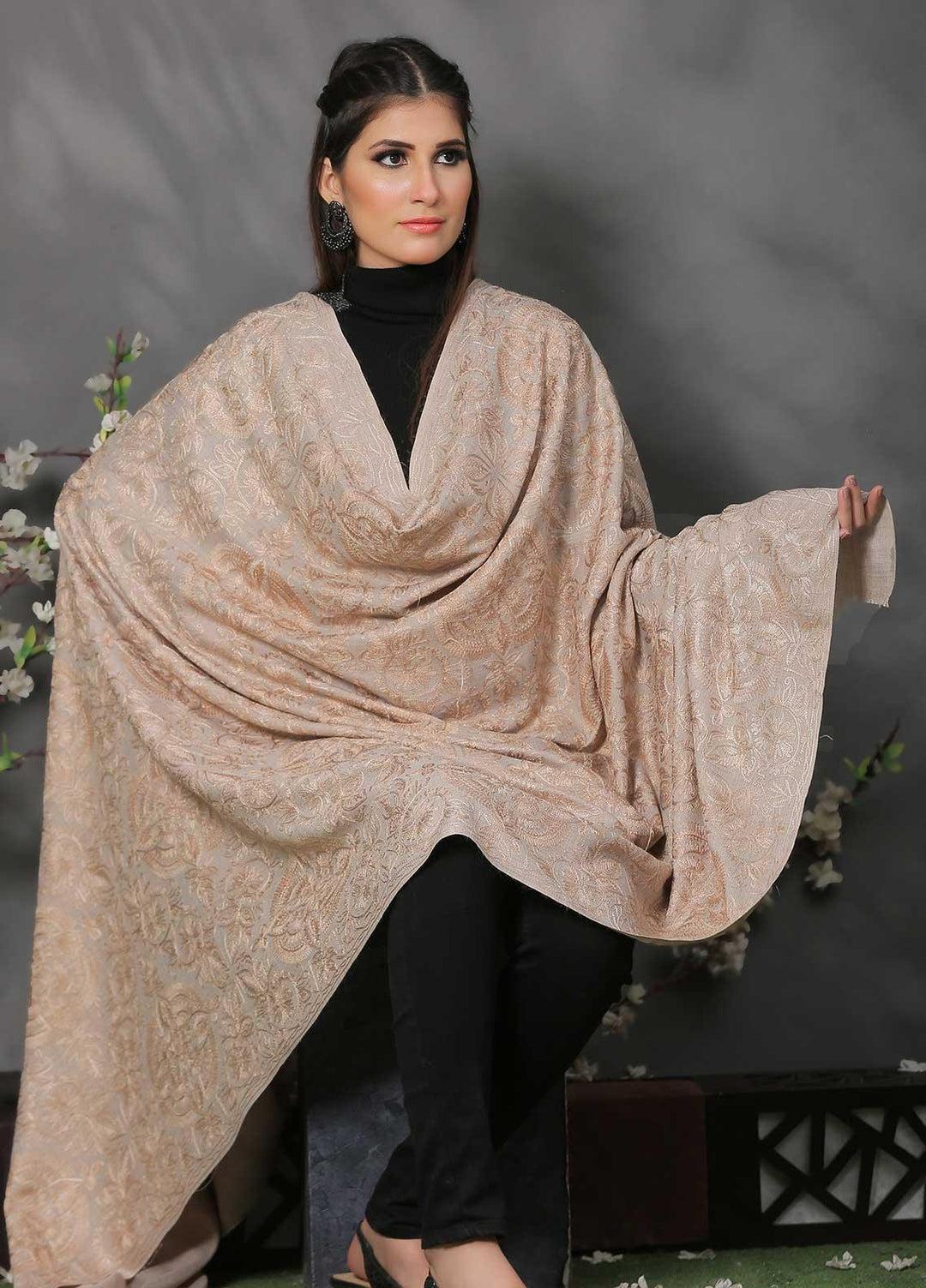 Sanaulla Exclusive Range Pashmina Shawl SU21PP AKP-25 Beige-2 Pure Pashmina Shawls