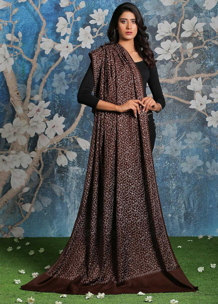Sanaulla Exclusive Range Embroidered Pashmina  Shawl AKP-01 D Brown - Pashmina Shawls
