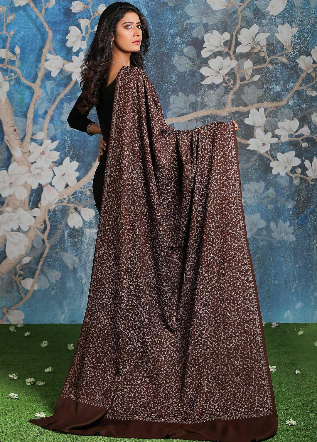 Sanaulla Exclusive Range Embroidered Pashmina  Shawl AKP-01 D Brown - Pashmina Shawls