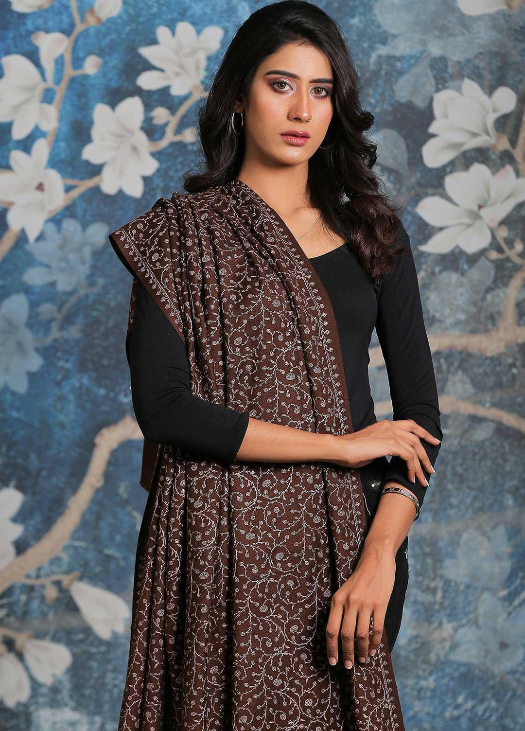 Sanaulla Exclusive Range Embroidered Pashmina  Shawl AKP-01 D Brown - Pashmina Shawls
