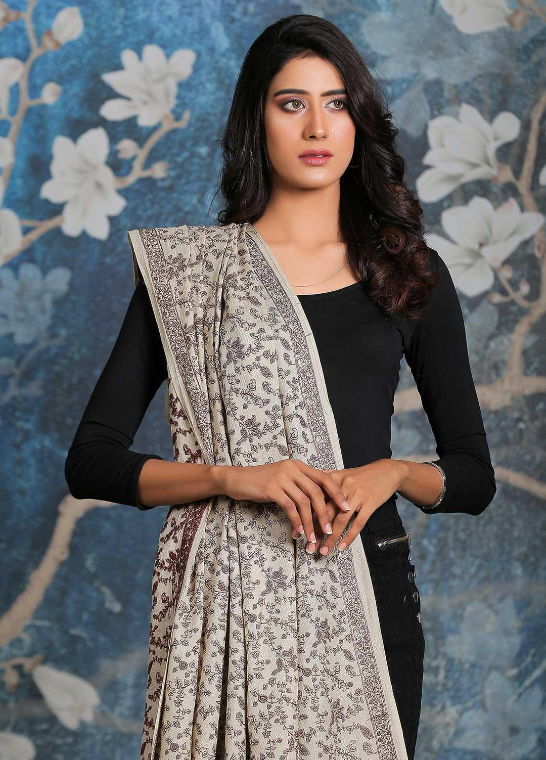 Sanaulla Exclusive Range Embroidered Pashmina  Shawl AKP-11 Beige - Pashmina Shawls
