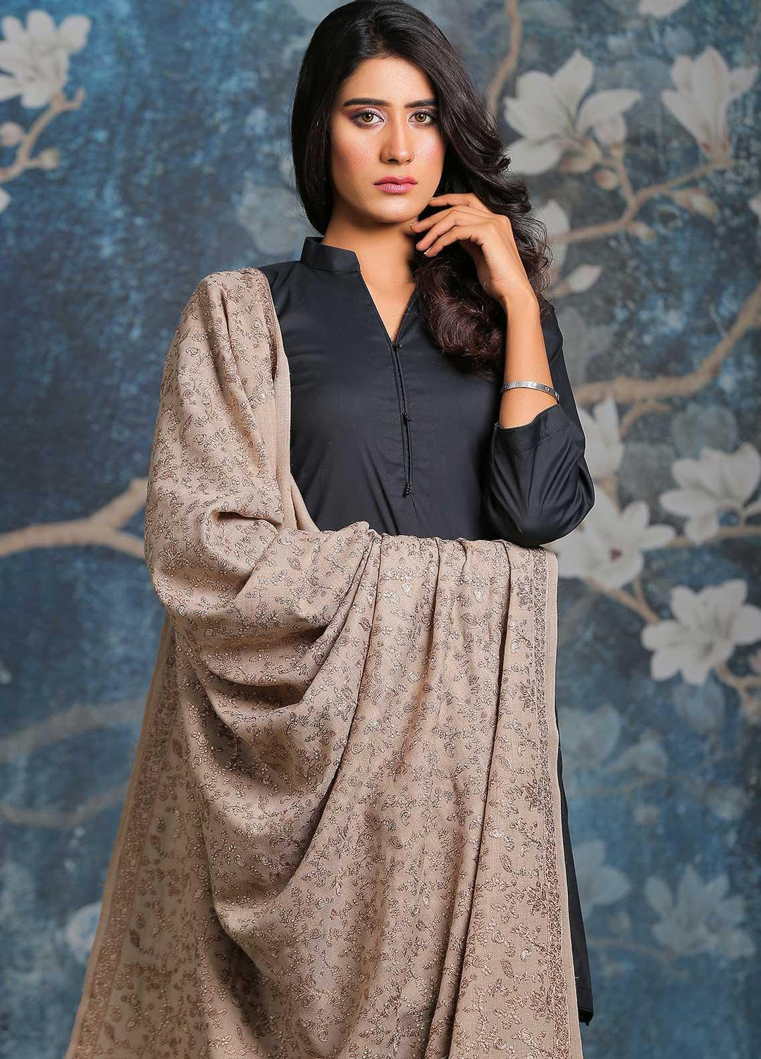 Sanaulla Exclusive Range Embroidered Pashmina  Shawl AKP-11 Fawn-5 - Pashmina Shawls