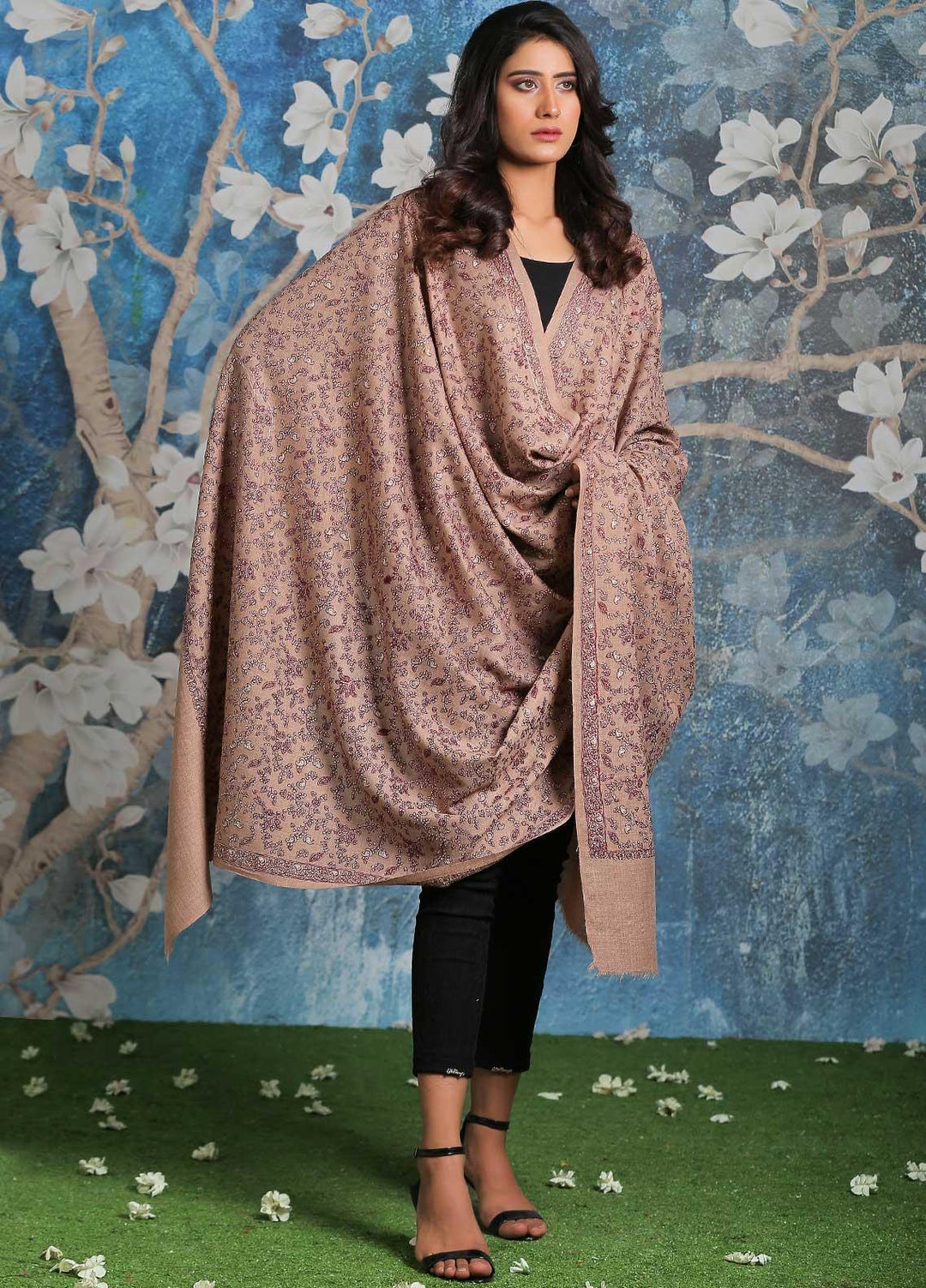 Sanaulla Exclusive Range Embroidered Pashmina  Shawl AKP-11 Fawn-7 - Pashmina Shawls