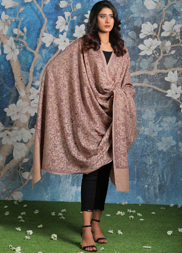 Sanaulla Exclusive Range Embroidered Pashmina  Shawl AKP-11 Fawn-7 - Pashmina Shawls