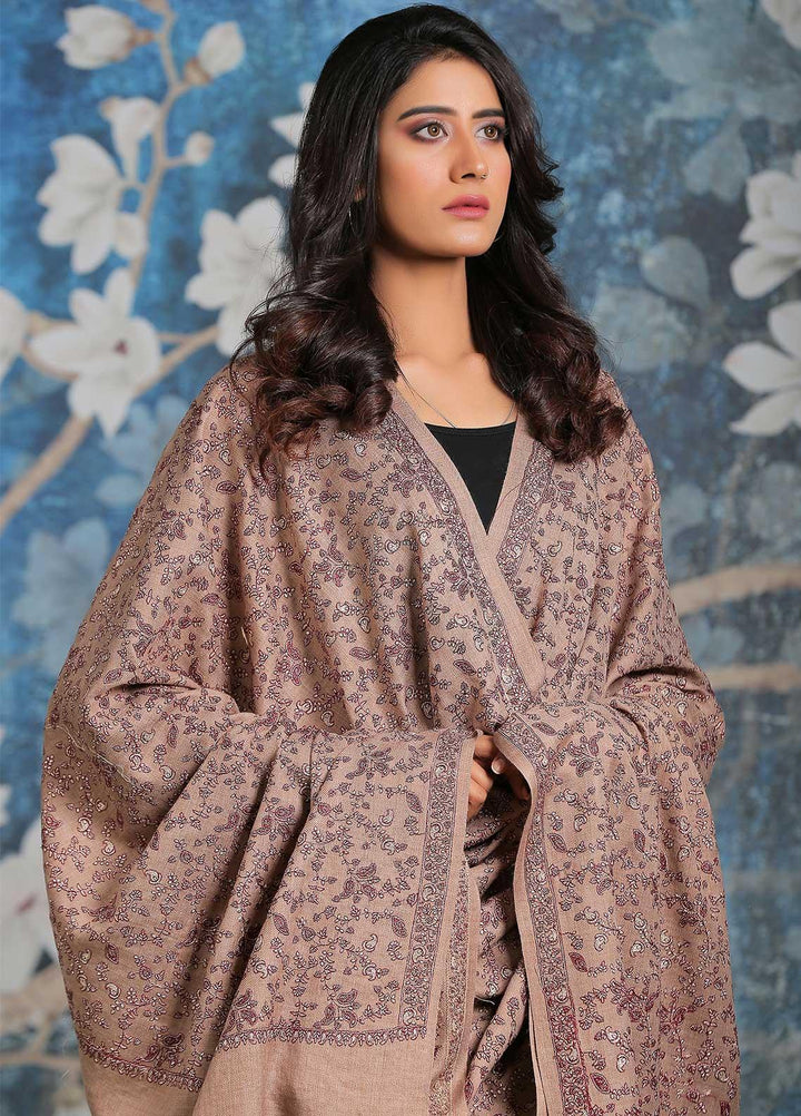 Sanaulla Exclusive Range Embroidered Pashmina  Shawl AKP-11 Fawn-7 - Pashmina Shawls