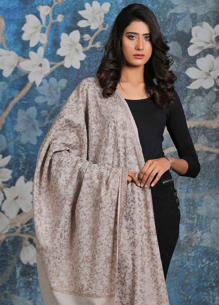 Sanaulla Exclusive Range Embroidered Pashmina  Shawl AKP-11 Grey-1 - Pashmina Shawls