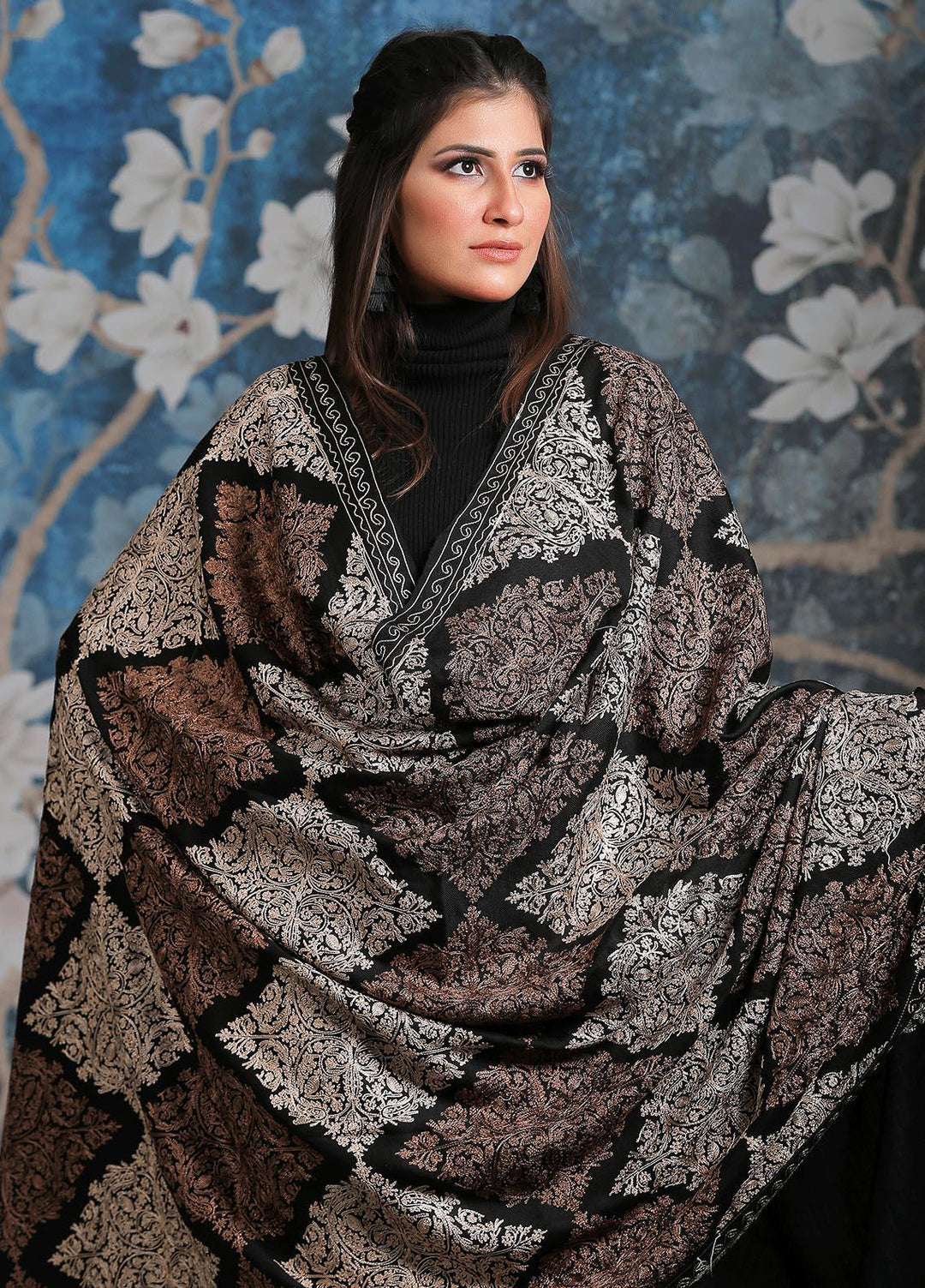 Sanaulla Exclusive Range Embroidered Pashmina  Shawl AKP-16 Black-3 - Pashmina Shawls