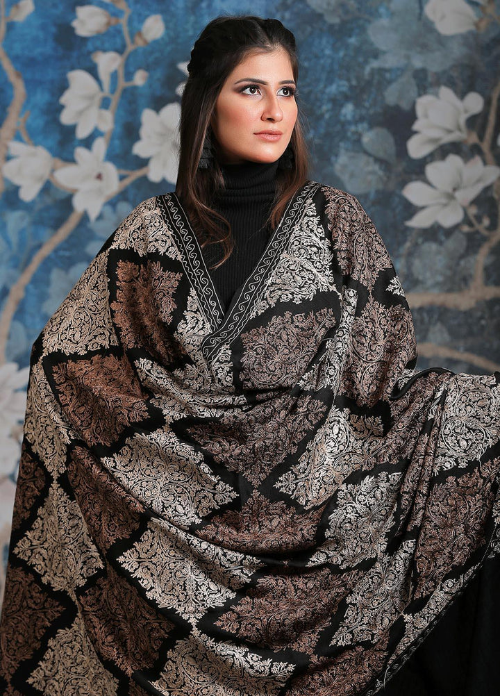 Sanaulla Exclusive Range Embroidered Pashmina  Shawl AKP-16 Black-3 - Pashmina Shawls
