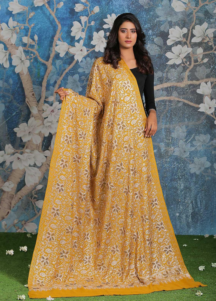 Sanaulla Exclusive Range Embroidered Pashmina  Shawl AKP-24 Yellow - Pashmina Shawls