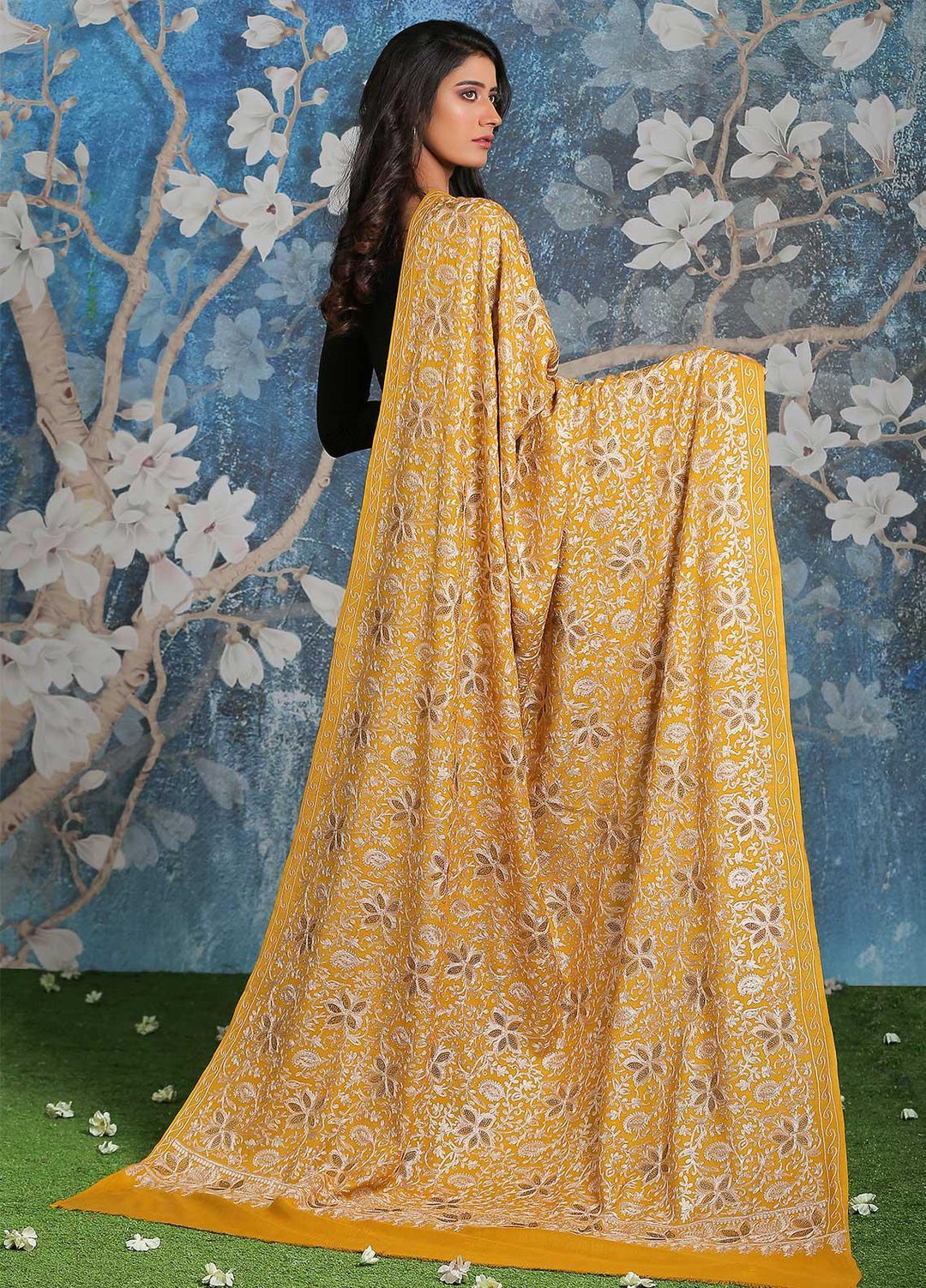 Sanaulla Exclusive Range Embroidered Pashmina  Shawl AKP-24 Yellow - Pashmina Shawls