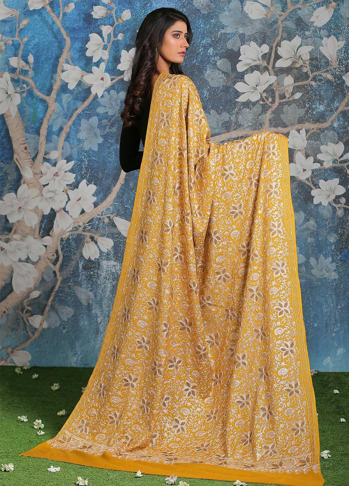 Sanaulla Exclusive Range Embroidered Pashmina  Shawl AKP-24 Yellow - Pashmina Shawls