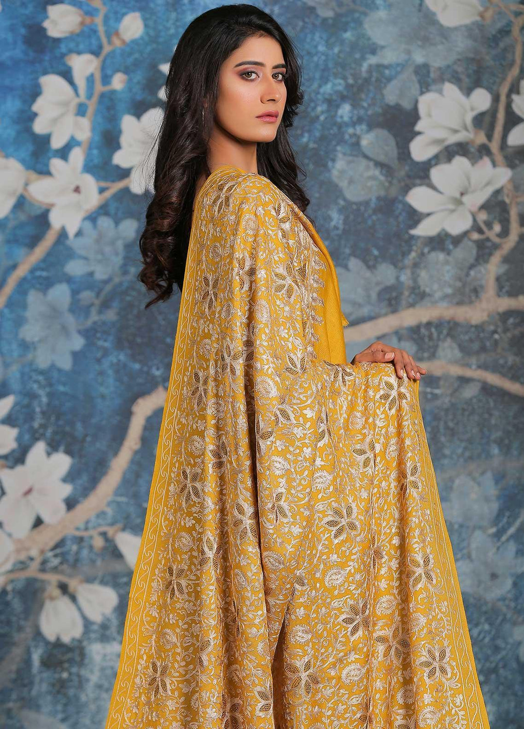 Sanaulla Exclusive Range Embroidered Pashmina  Shawl AKP-24 Yellow - Pashmina Shawls