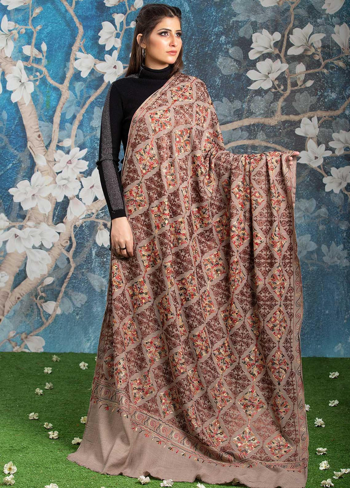 Sanaulla Exclusive Range Embroidered Pashmina  Shawl AKP-27 Fawn-3 - Pashmina Shawls